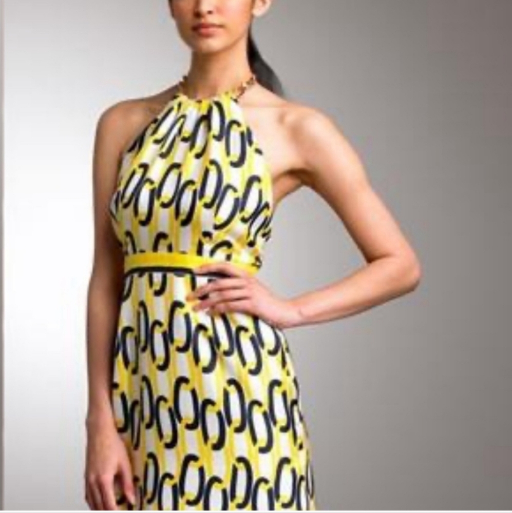 MILLY SILK GOLD CHAIN LINK PRINT YELLOW NAVY WHITE HALTER MINI Dress Sz 4
